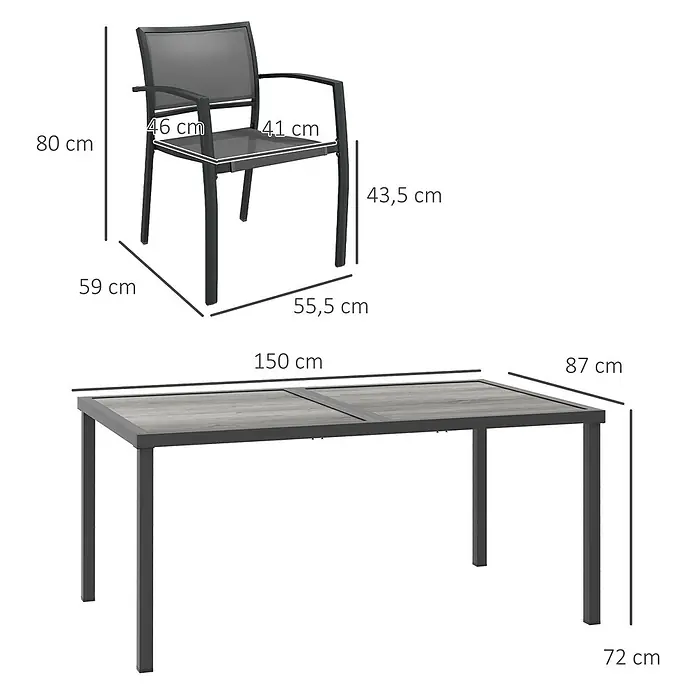 Outsunny Gartentisch-Set - Gesamtumfang: 5 -tlg., Stahl, Mesh, SPCC-Kunststoff - Dunkelgrauer Gartenstuhl und rechteckiger Tisch mit Lattenplatte, zeigt Maße an.