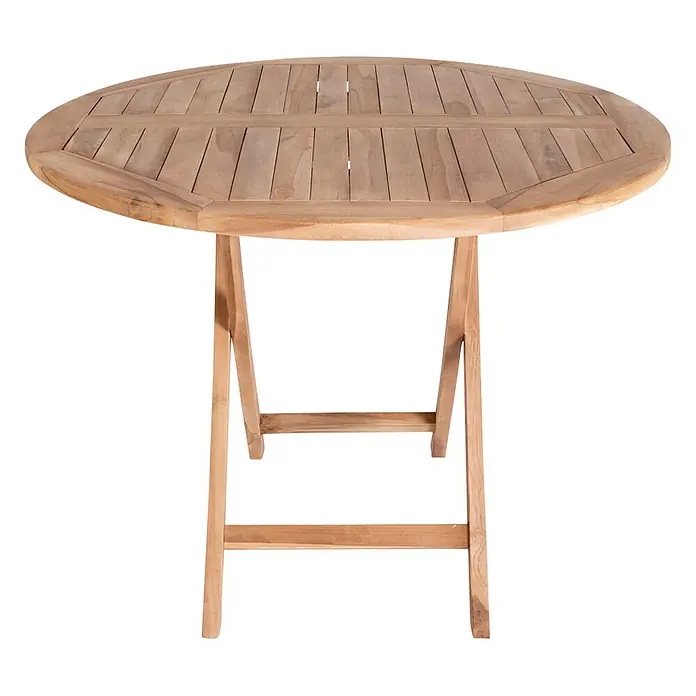 Ebuy24 Gartentisch rund Oline - Ø x H: 100 x 75 cm, Teakholz massiv, Holz, Stapelbar - Runder klappbarer Gartentisch aus Teakholz mit Lattenplatte.