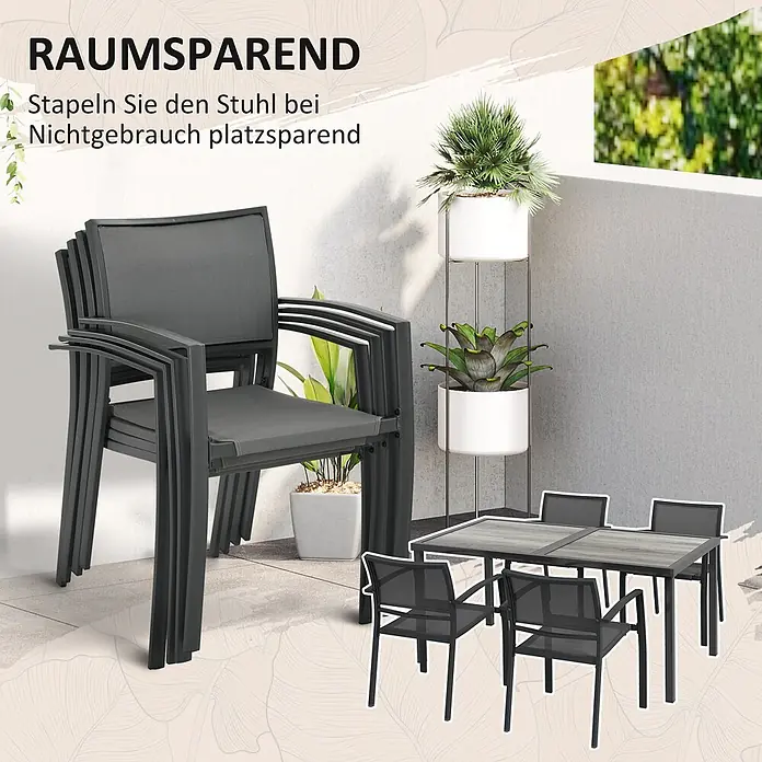Outsunny Gartentisch-Set - Gesamtumfang: 5 -tlg., Stahl, Mesh, SPCC-Kunststoff - Dunkelgraue stapelbare Gartenstühle mit Netzbespannung und passendes Esstischset mit Holzoptikplatte, das platzsparende Funktionen zeigt.