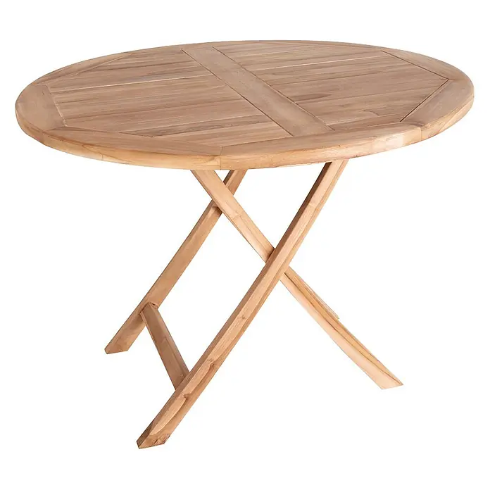 Ebuy24 Gartentisch rund Oline - Ø x H: 100 x 75 cm, Teakholz massiv, Holz, Stapelbar - Ovaler Klapptisch aus hellem Teakholz mit gekreuzter Bein-Konstruktion.