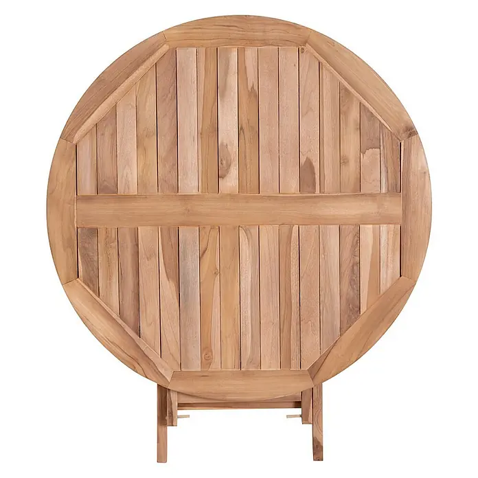 Ebuy24 Gartentisch rund Oline - Ø x H: 100 x 75 cm, Teakholz massiv, Holz, Stapelbar - Runder Klapptisch aus natürlichem Teakholz mit Lattenplatte.