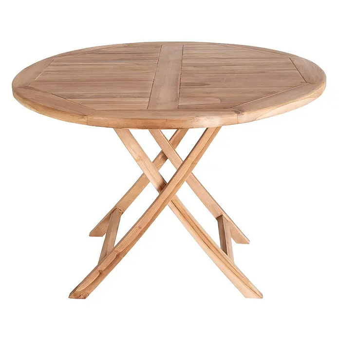 Ebuy24 Gartentisch rund Oline - Ø x H: 100 x 75 cm, Teakholz massiv, Holz, Stapelbar - Heller Teakholz-Klapptisch mit achteckiger Lamellenplatte und X-förmigem Gestell.