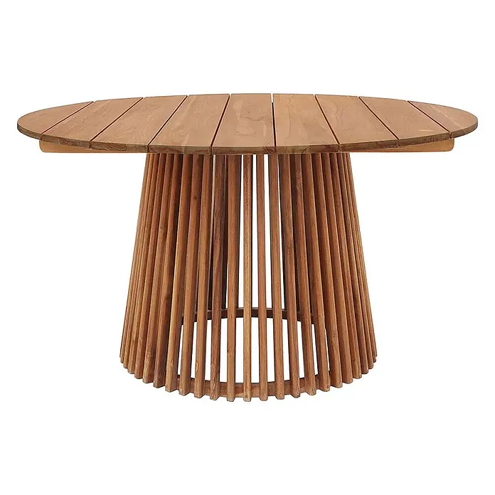 Ebuy24 Gartentisch rund Lorca - Ø x H: 120 x 75 cm, Teak, Natur, Stapelbar - Runder Holztisch mit Lamellenplatte und konischem Lamellenfuß.