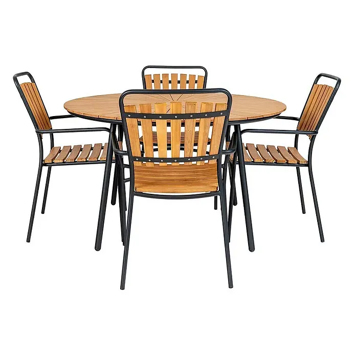 Ebuy24 Gartentisch rund Cleveland - Ø x H: 130 x 74 cm, Teakholz Metall, Teak, Stapelbar - Outdoor-Esstischgruppe mit rundem Holzlamellentisch und vier passenden Stühlen mit dunklen Metallrahmen.