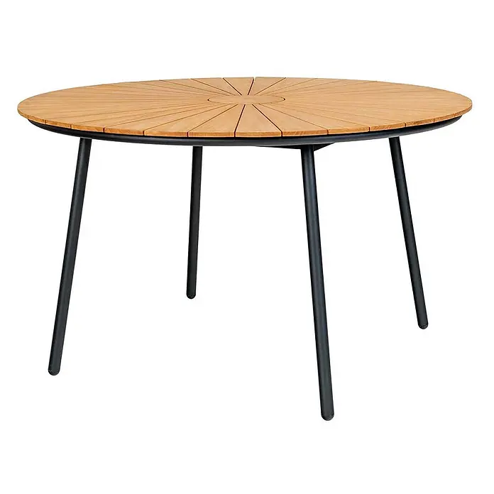 Ebuy24 Gartentisch rund Cleveland - Ø x H: 130 x 74 cm, Teakholz Metall, Teak, Stapelbar - Runder Gartentisch mit lattenförmiger Holzplatte im Sonnenmuster und schwarzen Metallbeinen.