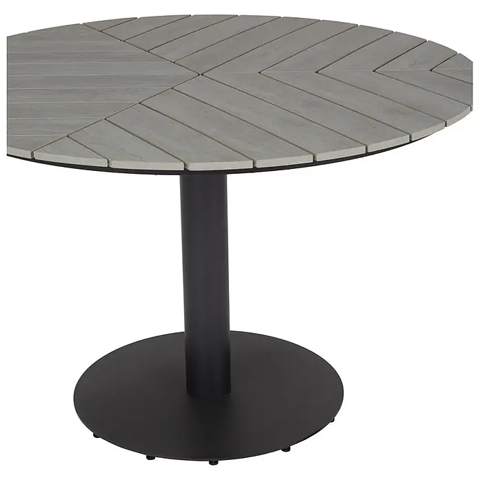 Ebuy24 Gartentisch rund Hector - Ø x H: 110 x 74 cm, Metall, Alu, Polywood, Grau, Stapelbar - Runder Tisch mit grauer Lattenplatte und schwarzem Säulenfuß.