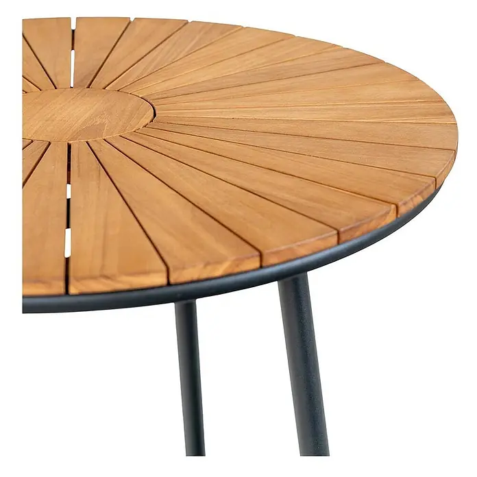 Ebuy24 Gartentisch rund Cleveland - Ø x H: 130 x 74 cm, Teakholz Metall, Teak, Stapelbar - Runder Holztisch mit radial angeordneten Holzlatten und schwarzem Metallrahmen.