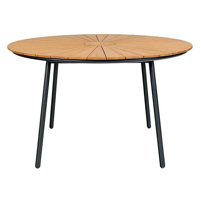 Ebuy24 Gartentisch rund Cleveland - Ø x H: 130 x 74 cm, Teakholz Metall, Teak, Stapelbar - Runder Gartentisch mit radialer Holzlamellenplatte und schwarzen Metallbeinen.