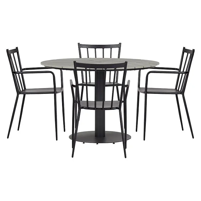 Ebuy24 Gartentisch rund Hector - Ø x H: 110 x 74 cm, Metall, Alu, Polywood, Grau, Stapelbar - Gartengarnitur mit rundem grauem Lattenrosttisch und vier schwarzen Stühlen mit Armlehnen.