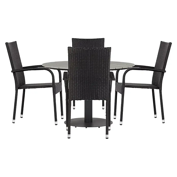 Ebuy24 Gartentisch rund Hector - Ø x H: 110 x 74 cm, Metall, Alu, Polywood, Grau, Stapelbar - Gartengarnitur mit einem runden grauen Lamellentisch und vier schwarzen Korbstühlen mit Armlehnen.