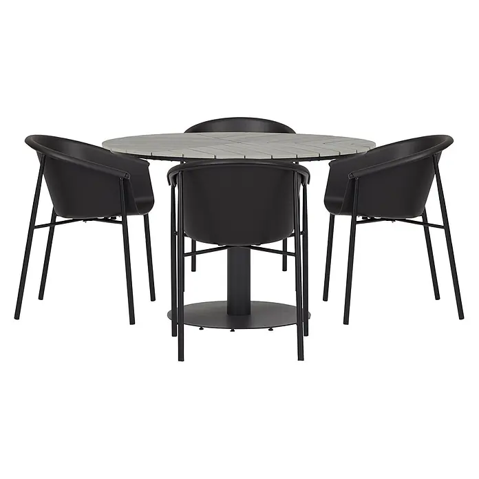 Ebuy24 Gartentisch rund Hector - Ø x H: 110 x 74 cm, Metall, Alu, Polywood, Grau, Stapelbar - Runder Bartisch mit heller grauer Lattenplatte und schwarzem Gestell, dazu vier schwarze Schalensitze.