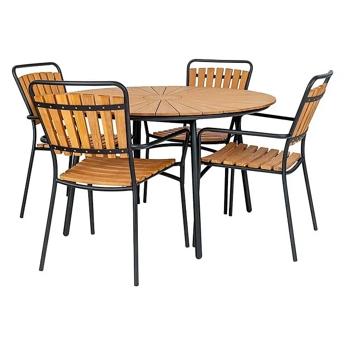 Ebuy24 Gartentisch rund Cleveland - Ø x H: 130 x 74 cm, Teakholz Metall, Teak, Stapelbar - Gartengarnitur mit rundem Holztisch und vier Stühlen mit Holzlatten, alle mit dunklen Metallrahmen.