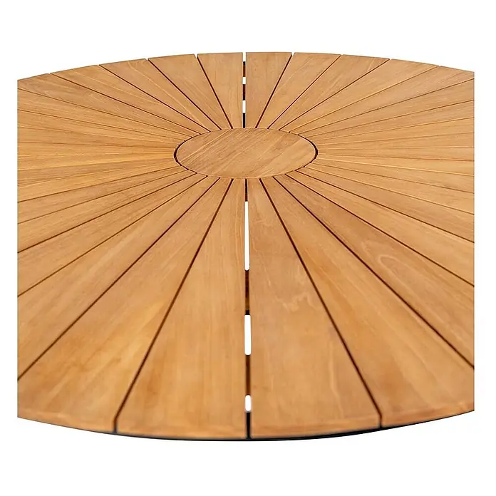 Ebuy24 Gartentisch rund Cleveland - Ø x H: 130 x 74 cm, Teakholz Metall, Teak, Stapelbar - Runde Teakholz-Tischplatte mit Sonnenstrahl-Lamellendesign.