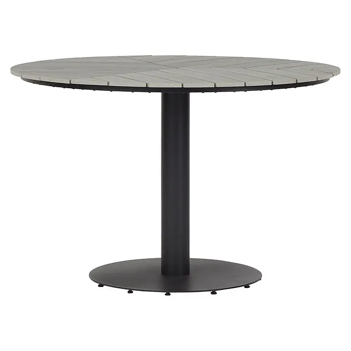 Ebuy24 Gartentisch rund Hector - Ø x H: 110 x 74 cm, Metall, Alu, Polywood, Grau, Stapelbar - Runder Bartisch mit grauer Latten-Tischplatte und schwarzem Säulenfuß.