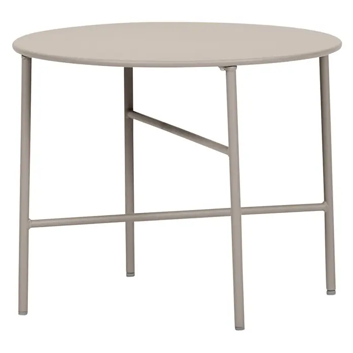 Ebuy24 Gartentisch rund Pesetos - Ø x H: 50 x 40 cm, Metall, Grau, Stapelbar - Ein runder, hellgrauer Metalltisch mit vier Beinen und minimalistischem, funktionalem Design.