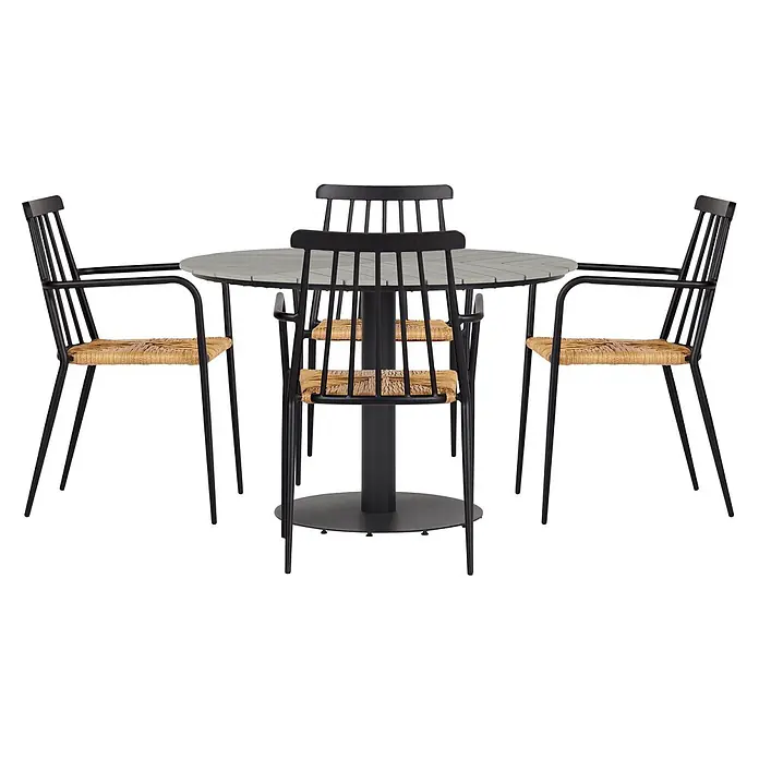 Ebuy24 Gartentisch rund Hector - Ø x H: 110 x 74 cm, Metall, Alu, Polywood, Grau, Stapelbar - Schwarzes Metall-Esstischset mit rundem, grauem Lattenrosttisch und vier Stühlen mit geflochtenen Naturfasersitzen.