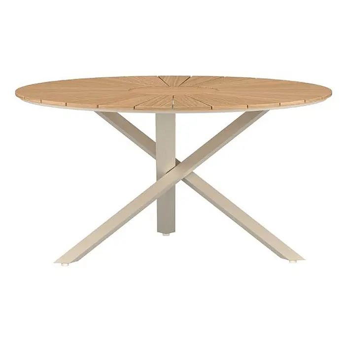 Ebuy24 Gartentisch rund New Mexico - Ø x H: 140 x 75 cm, Teak, Natur, Stapelbar - Runder Holztisch mit heller Holzplatte und beigefarbenem sternförmigem Metallgestell.