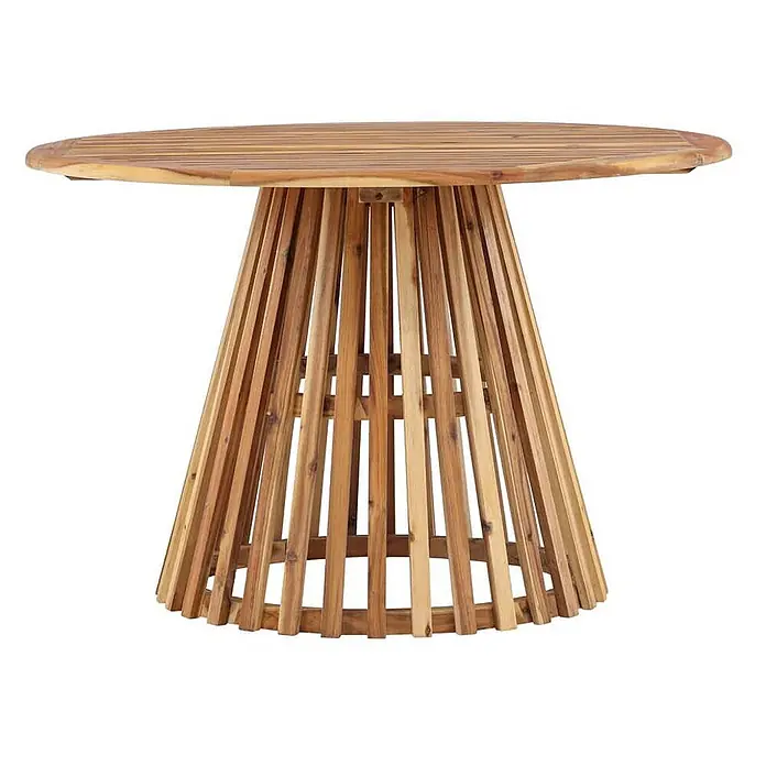 Ebuy24 Gartentisch rund Lumpur - Ø x H: 120 x 75 cm, Akazie, Natur, Stapelbar - Runder Gartentisch aus Holz mit Lattenplatte und konischem Lattenfuß.