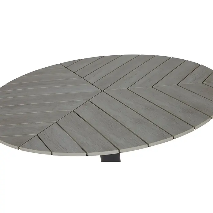 Ebuy24 Gartentisch rund Hector - Ø x H: 110 x 74 cm, Metall, Alu, Polywood, Grau, Stapelbar - Grauer ovaler Tisch mit Lattenplatte und Fischgrätmuster.