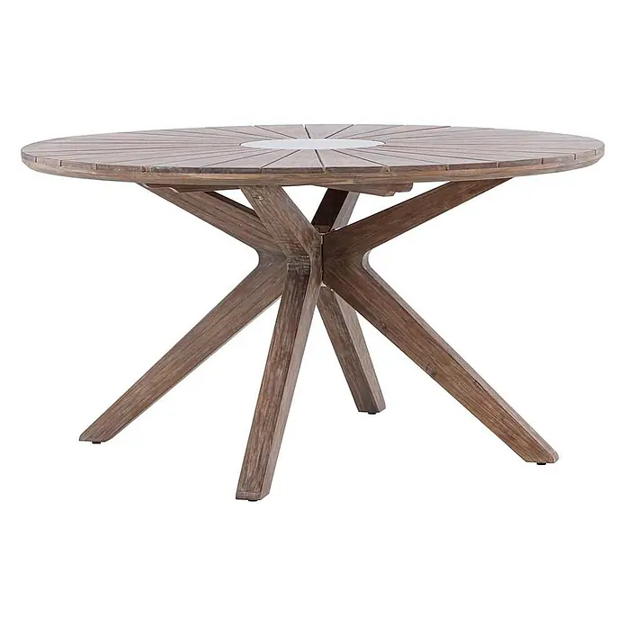 Ebuy24 Gartentisch rund Rosario - Ø x H: 140 x 75 cm, Akazie, Braun, Stapelbar - Runder Outdoor-Tisch aus verwittertem Holz mit Lattenplatte und heller Mitte, getragen von einem sternförmigen Untergestell.