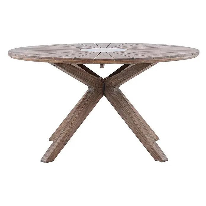 Ebuy24 Gartentisch rund Rosario - Ø x H: 140 x 75 cm, Akazie, Braun, Stapelbar - Rundholz-Esstisch für draußen mit Lamellenplatte, grauer Mitte und X-förmigem Holzfuß.