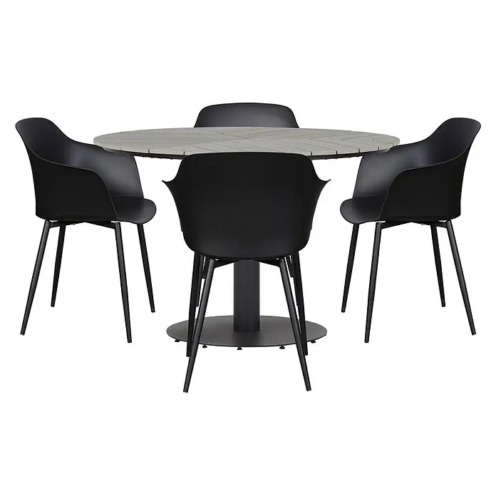 Ebuy24 Gartentisch rund Hector - Ø x H: 110 x 74 cm, Metall, Alu, Polywood, Grau, Stapelbar - Schwarzes Outdoor-Esszimmer-Set mit vier Stühlen und einem runden Tisch mit grauer Lattenplatte.