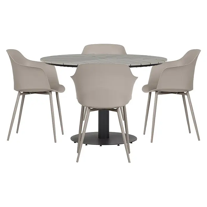 Ebuy24 Gartentisch rund Hector - Ø x H: 110 x 74 cm, Metall, Alu, Polywood, Grau, Stapelbar - Gartenset mit rundem Tisch mit grauer Lattenplatte und vier taupefarbenen Stühlen mit Armlehnen.