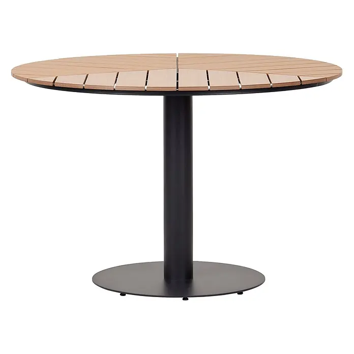 Ebuy24 Gartentisch rund Hector - Ø x H: 113 x 70 cm, Metall, Aluminium, Polywood, Schwarz, Stapelbar - Runder Bistrotisch mit heller Holzlattenplatte und schwarzem Metallsockel.