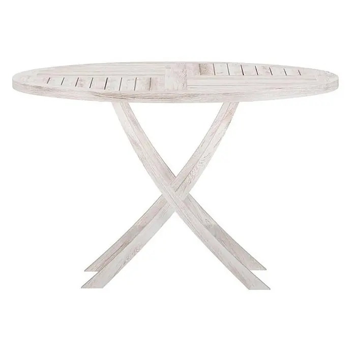 Ebuy24 Gartentisch rund Kenya - Ø x H: 120 x 75 cm, Teak, Whitewash, Stapelbar - Runder Holztisch mit heller Lamellenplatte und gekreuzten Beinen.