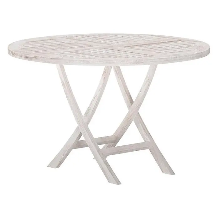 Ebuy24 Gartentisch rund Kenya - Ø x H: 120 x 75 cm, Teak, Whitewash, Stapelbar - Runder Klapptisch aus hellem Holz mit Lamellen in Fischgrätmusterung.