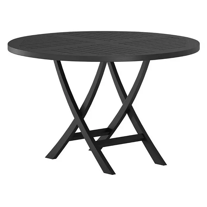 Ebuy24 Gartentisch rund Kenya - Ø x H: 120 x 75 cm, Teak, Schwarz, Stapelbar - Schwarzer runder Tisch mit Lattenplatte und X-förmigem Gestell.