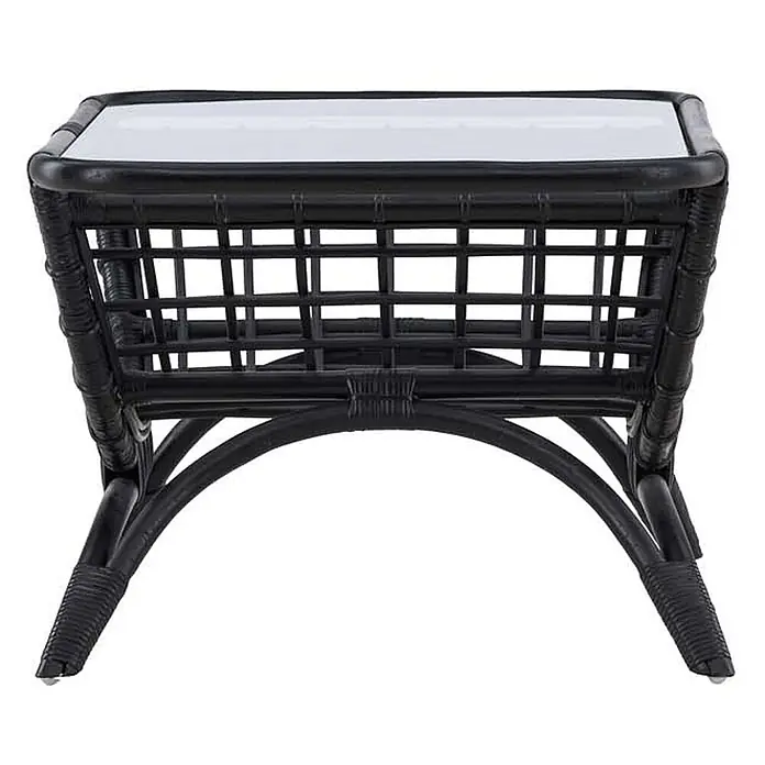 Ebuy24 Garten-Loungetisch Moana - Rattan, Schwarz, Stapelbar, L x B x H: 96 x 60 x 47 cm - Schwarzer Rattan-Beistelltisch mit geflochtenen Seiten und klarer Oberseite, mit geschwungenen Beinen.