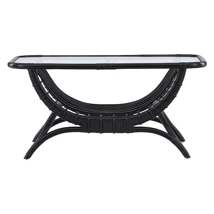 Ebuy24 Garten-Loungetisch Moana - Rattan, Schwarz, Stapelbar, L x B x H: 96 x 60 x 47 cm - Schwarzer Rattancouchtisch mit klarer Glasplatte und geschwungenem Gestell.