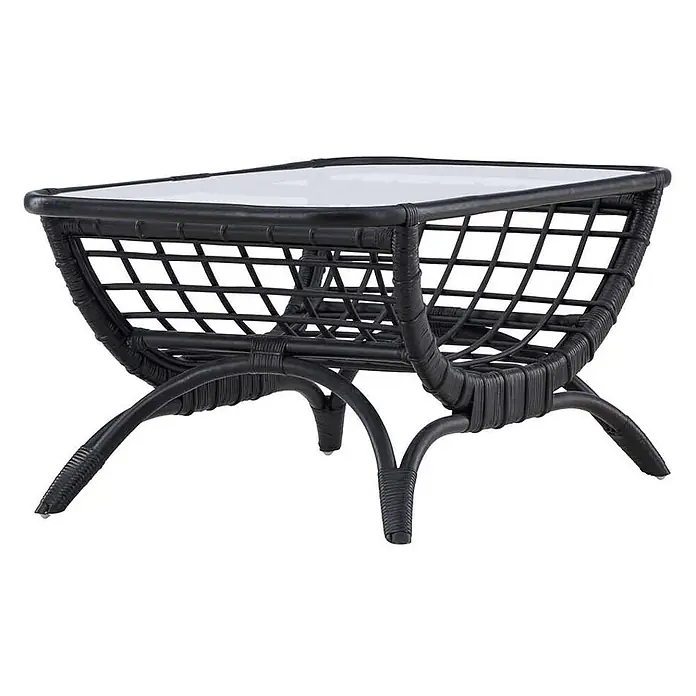 Ebuy24 Garten-Loungetisch Moana - Rattan, Schwarz, Stapelbar, L x B x H: 96 x 60 x 47 cm - Schwarzer geflochtener Couchtisch mit klarer Platte und geschwungenen Beinen.