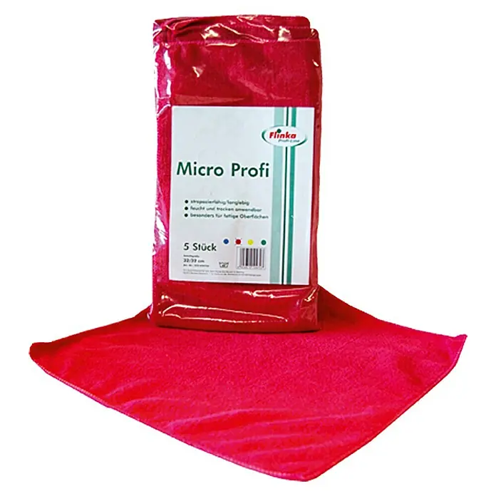Flinka Profi-Line Mikrofasertuch - 5 Stk., 32 x 32 cm, Rot - Produktfoto eines Pakets roter "Finka Micro Profi" Mikrofaser-Reinigungstücher (5 Stück) mit einem ausgebreiteten Tuch.