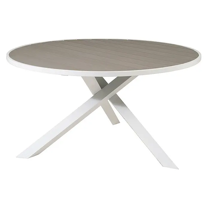 Ebuy24 Gartentisch rund Parma - Ø x H: 140 x 73 cm, Aintwood, Aluminium, Weiß, Stapelbar - Runder Gartentisch mit grauer Lattenplatte und weißen gekreuzten Metallbeinen.