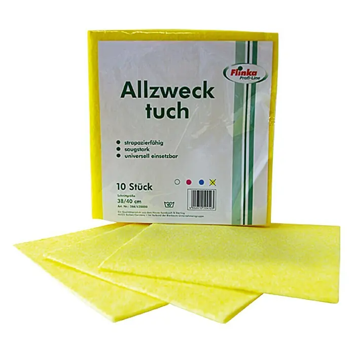 Flinka Profi-Line Allzwecktuch Traditionell - 10 Stk., Gelb, 38 x 40 cm - Das Bild zeigt eine Packung gelbe Allzwecktücher von Flinka Profi-Line mit einigen Tüchern, die aus der Packung ragen.