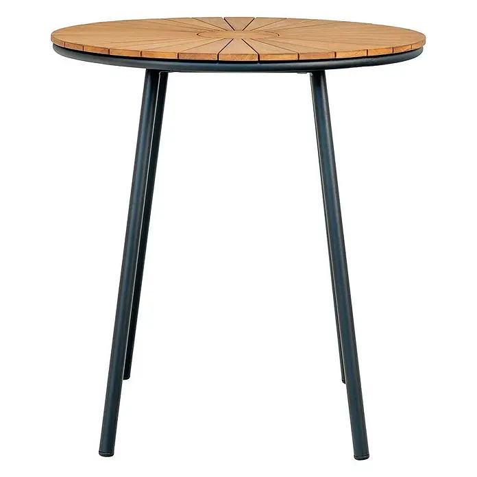 Ebuy24 Gartentisch rund Cleveland - Ø x H: 70 x 74 cm, Teakholz Metall, Teak, Stapelbar - Runder Bistrotisch mit Holzlattenplatte und dunklen Metallbeinen.