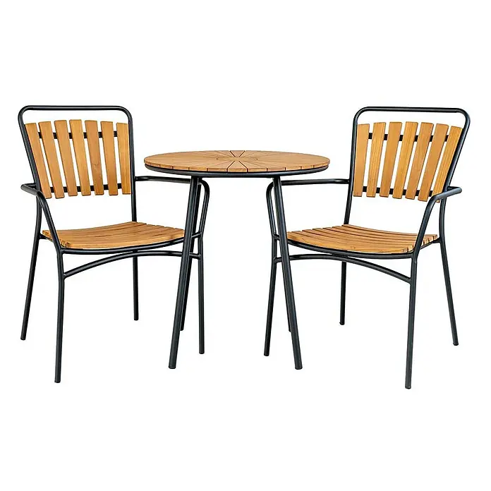 Ebuy24 Gartentisch rund Cleveland - Ø x H: 70 x 74 cm, Teakholz Metall, Teak, Stapelbar - Terrassen-Bistrotisch-Set mit rundem Tisch und zwei Stühlen mit schwarzen Metallgestellen und Holzlatten für Sitze und Rückenlehnen.