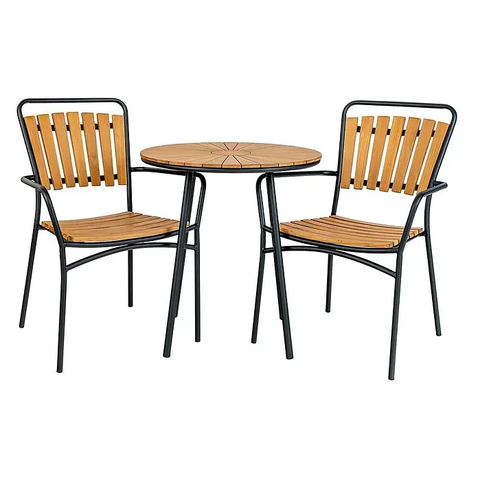 Ebuy24 Gartentisch rund Cleveland - Ø x H: 70 x 74 cm, Teakholz Metall, Teak, Stapelbar - Bistrogarnitur mit rundem Lamellentisch aus Holz und zwei Stühlen mit Holzlatten an Sitz und Rücken, alle mit dunklem Metallgestell.