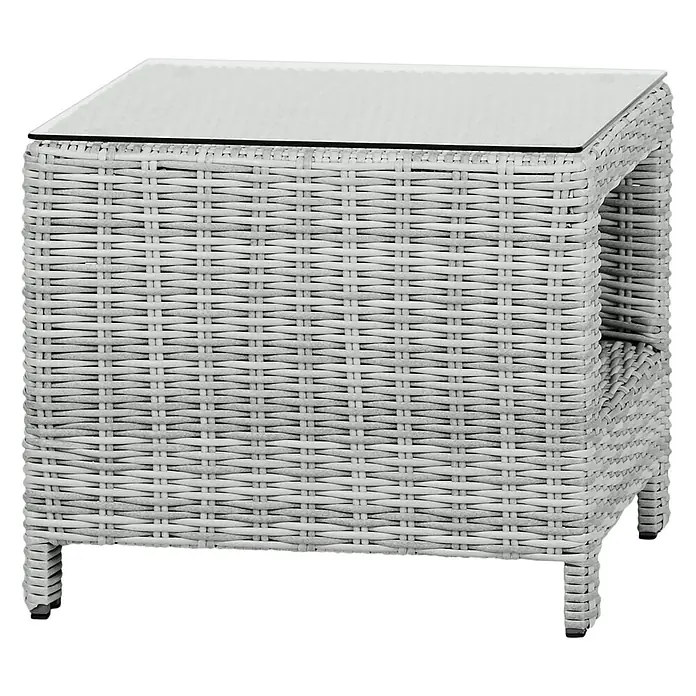 Ebuy24 Garten-Beistelltisch Vinor - L x B x H: 49 x 49 x 41 cm, Aluminium, Rattan, Glas Rattan = Polyrattan, Stapelbar, Sonstige, Beige - Quadratischer weißer Beistelltisch aus Geflecht mit klarer Glasplatte und einer unteren Ablage.