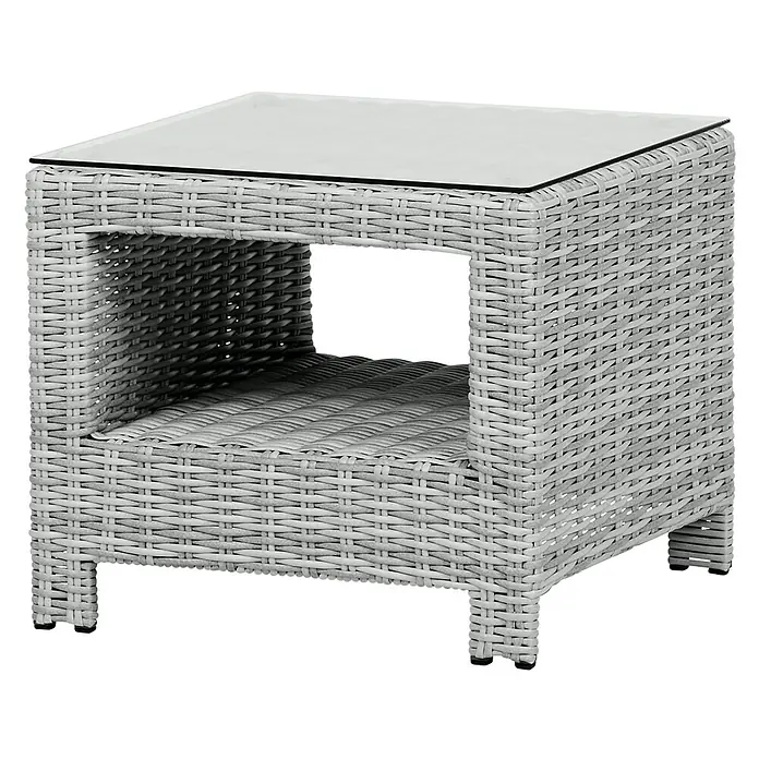 Ebuy24 Garten-Beistelltisch Vinor - L x B x H: 49 x 49 x 41 cm, Aluminium, Rattan, Glas Rattan = Polyrattan, Stapelbar, Sonstige, Beige - Hellgrauer Rattan-Beistelltisch für draußen mit Glasplatte und offenem Ablagefach.