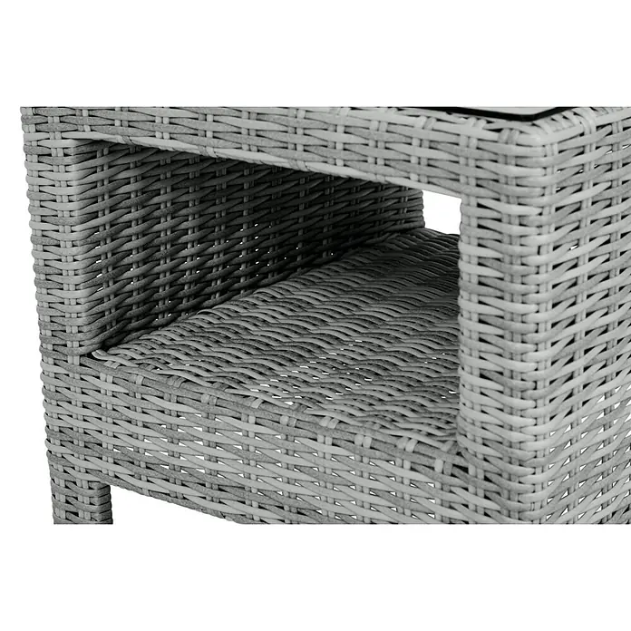 Ebuy24 Garten-Beistelltisch Vinor - L x B x H: 49 x 49 x 41 cm, Aluminium, Rattan, Glas Rattan = Polyrattan, Stapelbar, Sonstige, Beige - Grauer Flecht-Beistelltisch aus Rattan mit Ablagefläche.