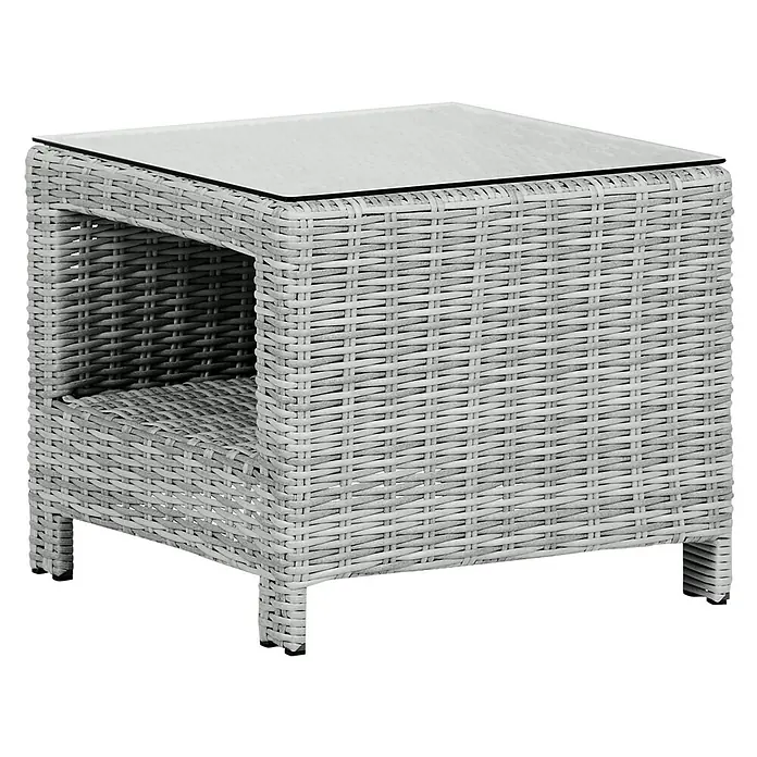 Ebuy24 Garten-Beistelltisch Vinor - L x B x H: 49 x 49 x 41 cm, Aluminium, Rattan, Glas Rattan = Polyrattan, Stapelbar, Sonstige, Beige - Grauer Beistelltisch aus Kunstgeflecht mit Glasplatte und offener Ablagefläche.