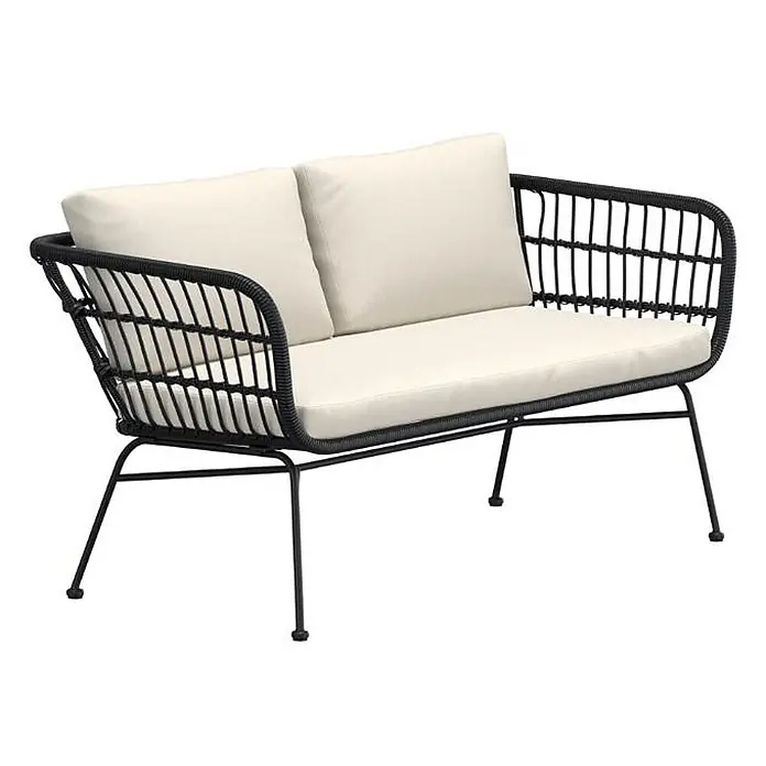 Ebuy24 Loungesofa Isola - B x T x H: 67 x 140 x 71 cm, Stahl., Schwarz - Zweisitziges Outdoor-Sofa mit schwarzem Geflechtrahmen und cremefarbenen Kissen.
