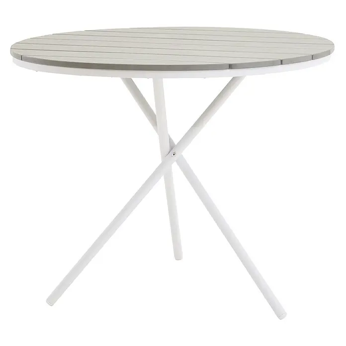 Ebuy24 Gartentisch rund Parma - Ø x H: 90 x 74 cm, Aintwood, Aluminium, Grau, Stapelbar - Runder Gartentisch mit grauer Lattenplatte und weißen Klappbeinen.