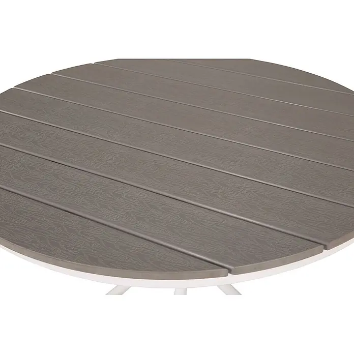 Ebuy24 Gartentisch rund Parma - Ø x H: 90 x 74 cm, Aintwood, Aluminium, Grau, Stapelbar - Runde Tischplatte mit grauer Lattenoptik und weißem Rand.