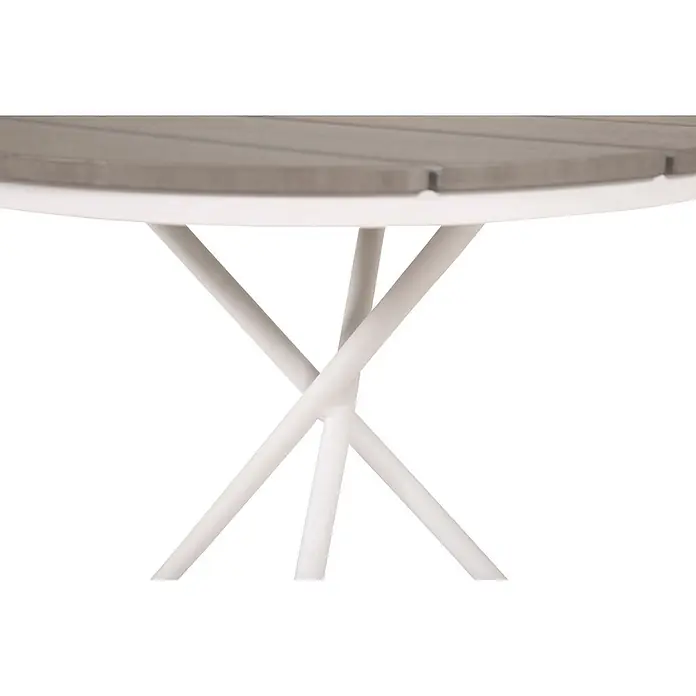Ebuy24 Gartentisch rund Parma - Ø x H: 90 x 74 cm, Aintwood, Aluminium, Grau, Stapelbar - Runder Tisch mit grauer Lattenplatte und weißen Kreuzbeinen.