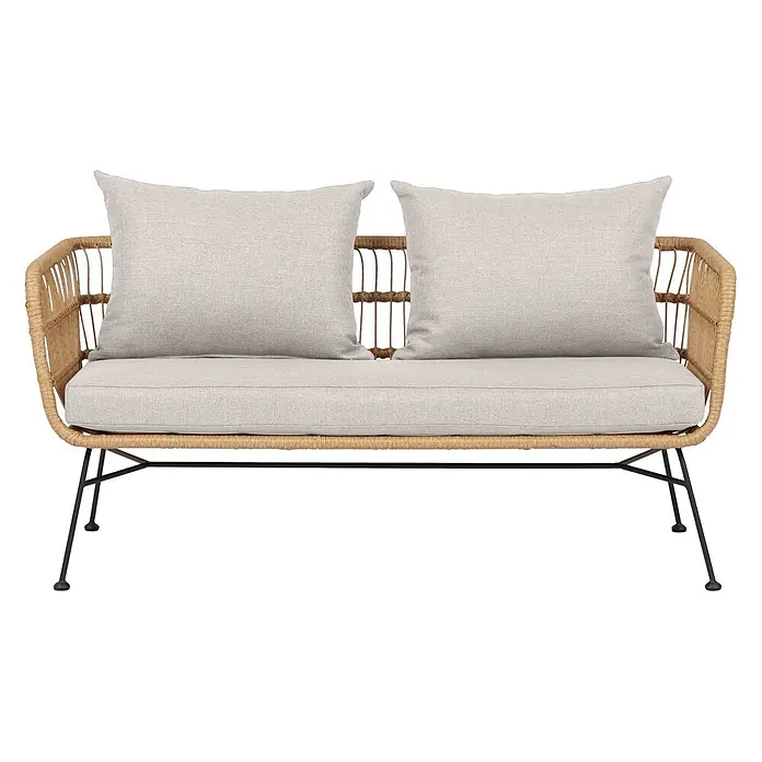 Ebuy24 Loungesofa Nina - B x T x H: 141 x 141 x 65 cm, Metall, Polyrattan, Polyester., Beige - Zweisitzige Bank aus geflochtenem Rattan mit hellbeigen Kissen und schwarzen Metallbeinen.