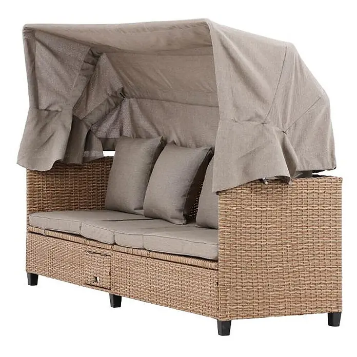 Ebuy24 Loungesofa Nopy - B x T x H: 60 x 200 x 135 cm, Geflechtmöbel., Beige - Rattan-Gartensofa mit beigen Polstern, ausziehbarem Sonnendach und Staufach-Schublade.